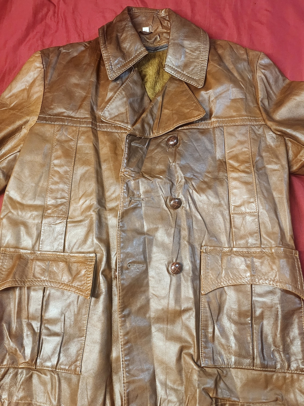 Men's Brown Leather Trench Coat - Classic Button-Front